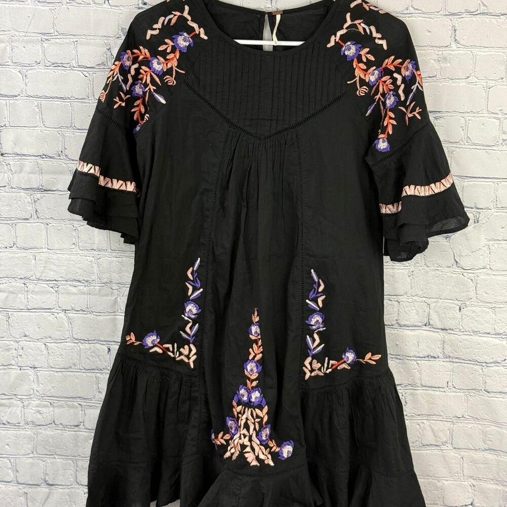 Free-people Pavlo Back Embroidered Floral Boho Dress Bell Sleeve Oaxacan Sz Sm